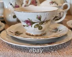 Moss Rose China Tea Set Teapot Cups Saucers Cream Sugar Scalloped Gold Trim 39/8