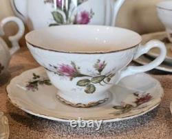 Moss Rose China Tea Set Teapot Cups Saucers Cream Sugar Scalloped Gold Trim 39/8