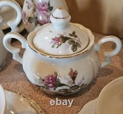 Moss Rose China Tea Set Teapot Cups Saucers Cream Sugar Scalloped Gold Trim 39/8