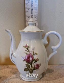 Moss Rose China Tea Set Teapot Cups Saucers Cream Sugar Scalloped Gold Trim 39/8