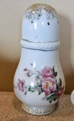 Moss Rose China Tea Set Teapot Cups Saucers Cream Sugar Scalloped Gold Trim 39/8