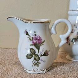 Moss Rose China Tea Set Teapot Cups Saucers Cream Sugar Scalloped Gold Trim 39/8