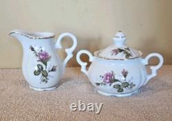 Moss Rose China Tea Set Teapot Cups Saucers Cream Sugar Scalloped Gold Trim 39/8