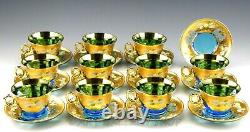 Murano Italy Art Glass ENAMEL FLOWERS BLUE & GOLD 11 CUPS AND 12 SAUCERS Set