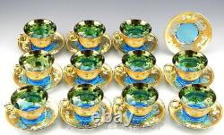 Murano Italy Art Glass ENAMEL FLOWERS BLUE & GOLD 11 CUPS AND 12 SAUCERS Set