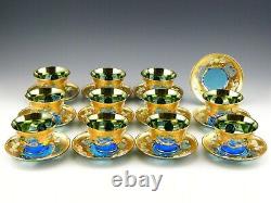 Murano Italy Art Glass ENAMEL FLOWERS BLUE & GOLD 11 CUPS AND 12 SAUCERS Set