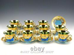 Murano Italy Art Glass ENAMEL FLOWERS BLUE & GOLD 11 CUPS AND 12 SAUCERS Set