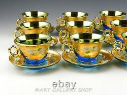 Murano Italy Art Glass ENAMEL FLOWERS BLUE & GOLD 11 CUPS AND 12 SAUCERS Set