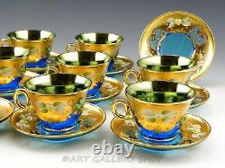 Murano Italy Art Glass ENAMEL FLOWERS BLUE & GOLD 11 CUPS AND 12 SAUCERS Set