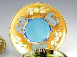 Murano Italy Art Glass ENAMEL FLOWERS BLUE & GOLD 11 CUPS AND 12 SAUCERS Set