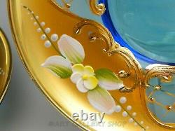 Murano Italy Art Glass ENAMEL FLOWERS BLUE & GOLD 11 CUPS AND 12 SAUCERS Set