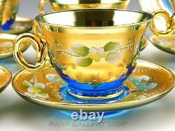 Murano Italy Art Glass ENAMEL FLOWERS BLUE & GOLD 11 CUPS AND 12 SAUCERS Set