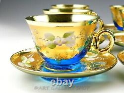 Murano Italy Art Glass ENAMEL FLOWERS BLUE & GOLD 11 CUPS AND 12 SAUCERS Set