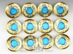 Murano Italy Art Glass ENAMEL FLOWERS BLUE & GOLD 11 CUPS AND 12 SAUCERS Set