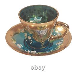 Murano Venezia Aqua Art Glass Demitasse teacup Saucer Heavy Gold Signed Vintage