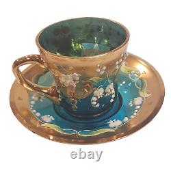 Murano Venezia Aqua Art Glass Demitasse teacup Saucer Heavy Gold Signed Vintage