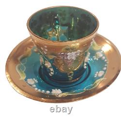 Murano Venezia Aqua Art Glass Demitasse teacup Saucer Heavy Gold Signed Vintage