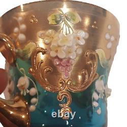 Murano Venezia Aqua Art Glass Demitasse teacup Saucer Heavy Gold Signed Vintage