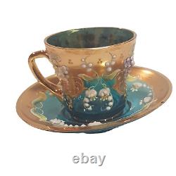 Murano Venezia Aqua Art Glass Demitasse teacup Saucer Heavy Gold Signed Vintage