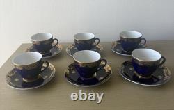 NEW RARE Set for 6 VTG LFZ Cobalt Blue & Gold porcelain coffee cups & saucers