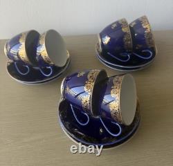NEW RARE Set for 6 VTG LFZ Cobalt Blue & Gold porcelain coffee cups & saucers