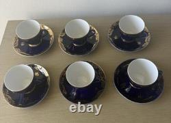 NEW RARE Set for 6 VTG LFZ Cobalt Blue & Gold porcelain coffee cups & saucers