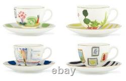 NIBKate Spade ILLUSTRATED Set 4 Tea/Coffee Cups & Saucers Lenox Salon Wall Time