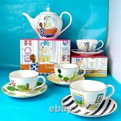 NIBKate Spade ILLUSTRATED Set 4 Tea/Coffee Cups & Saucers Lenox Salon Wall Time