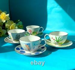 NIBKate Spade ILLUSTRATED Set 4 Tea/Coffee Cups & Saucers Lenox Salon Wall Time