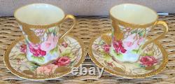 NIPPON Lot of 2 teacups and saucers Cabbage Roses Heavy Raised Gold