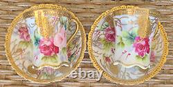 NIPPON Lot of 2 teacups and saucers Cabbage Roses Heavy Raised Gold