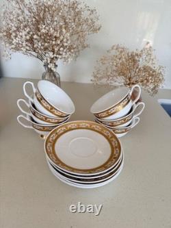 New Bone China Gold Trim Tea Cups & Saucers Set for 6 Persons 12pcs & Sugar Pot