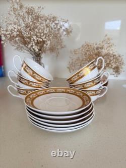New Bone China Gold Trim Tea Cups & Saucers Set for 6 Persons 12pcs & Sugar Pot