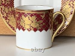 New De Lamerie China Heavily Gilded Floral Bells Burgundy Coffee Cup & Saucer