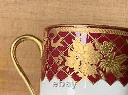 New De Lamerie China Heavily Gilded Floral Bells Burgundy Coffee Cup & Saucer