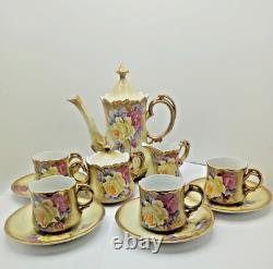Nippon Chocolate Coffee Set Hand Painted Sugar & Creamer+ 4 Cups Saucers Gold