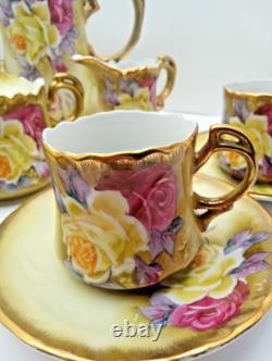 Nippon Chocolate Coffee Set Hand Painted Sugar & Creamer+ 4 Cups Saucers Gold