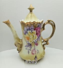 Nippon Chocolate Coffee Set Hand Painted Sugar & Creamer+ 4 Cups Saucers Gold