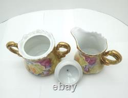 Nippon Chocolate Coffee Set Hand Painted Sugar & Creamer+ 4 Cups Saucers Gold