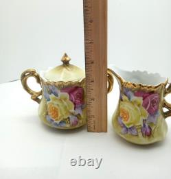 Nippon Chocolate Coffee Set Hand Painted Sugar & Creamer+ 4 Cups Saucers Gold