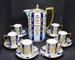 Nippon Chocolate Pot Set Blue with Gold Gilt 6 Cups & Saucers Morimura 1911-21