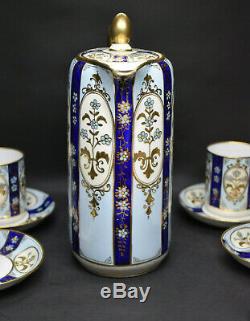 Nippon Chocolate Pot Set Blue with Gold Gilt 6 Cups & Saucers Morimura 1911-21