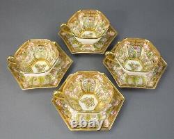 Nippon Hand Painted Embellished Gold Moriage Floral Tea Cups Saucers Rare Set 4