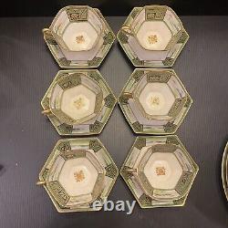 Nippon Hand Painted Embellished Gold Moriage Tea Cups Saucers Rare Set 6 Deco