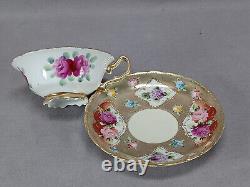 Nippon Hand Painted Pink Rose Purple Floral Heavy Beaded Gold Tea Cup & Saucer A