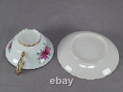 Nippon Hand Painted Pink Rose Purple Floral Heavy Beaded Gold Tea Cup & Saucer A
