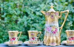 Nippon Pink Roses Gold Morriage Jeweled Chocolate Set Pot, 5 Cups and Saucers