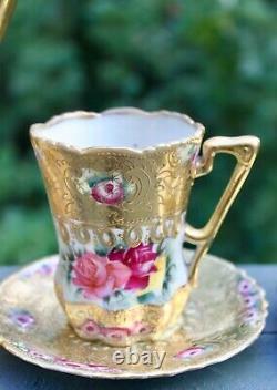 Nippon Pink Roses Gold Morriage Jeweled Chocolate Set Pot, 5 Cups and Saucers