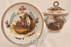 Ntique Dresden Meissen Covered Cup & Saucer, Peasant Life, Hand Painted, 1879