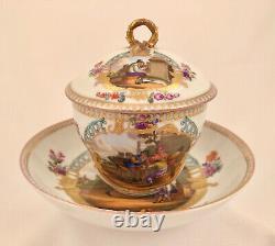 Ntique Dresden Meissen Covered Cup & Saucer, Peasant Life, Hand Painted, 1879